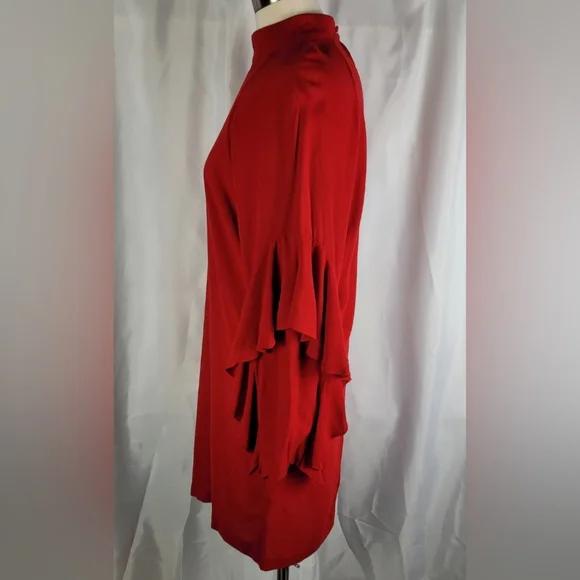 H&M Red Crepe Flounce Sleeve Keyhole Back High Neck Tunic Shift Dress Size 6 - Picture 8 of 16
